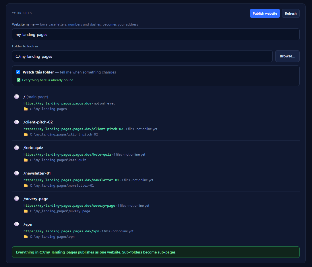 LanderSync listing the pages found inside a folder