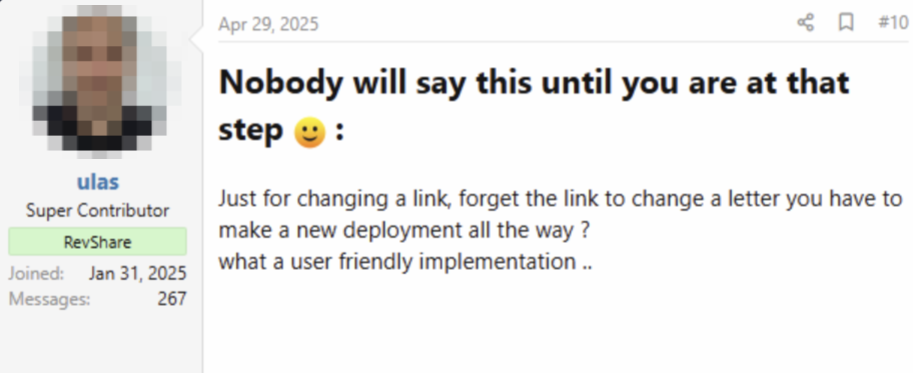 A forum post describing the effort of re-deploying to change one link