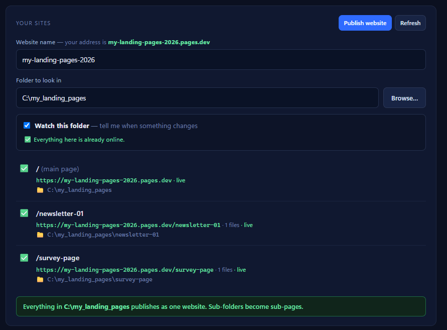 The LanderSync window listing published pages, each marked live