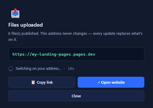 LanderSync showing the published site's live address
