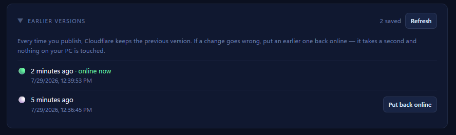 A list of earlier versions with one marked online now